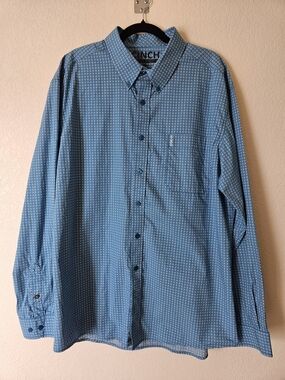 Cinch Men's Blue Patterned Long-Sleeve Button-Down Shirt